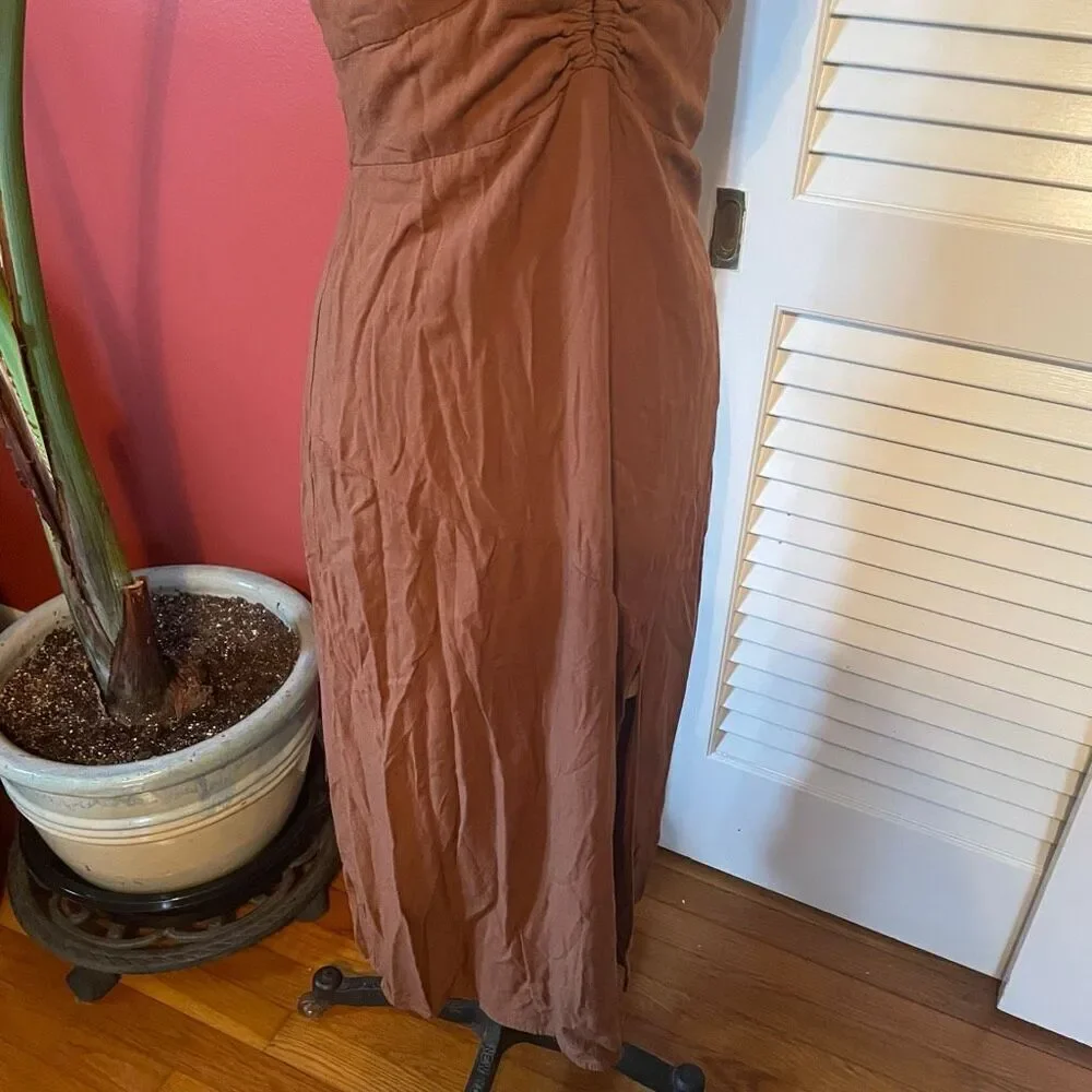 ZARA | brown rustic slip linen blend dress L